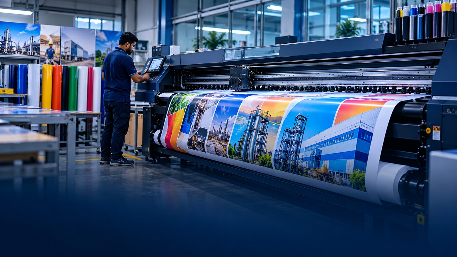 Colourful printed graphics coming off a large-format printer