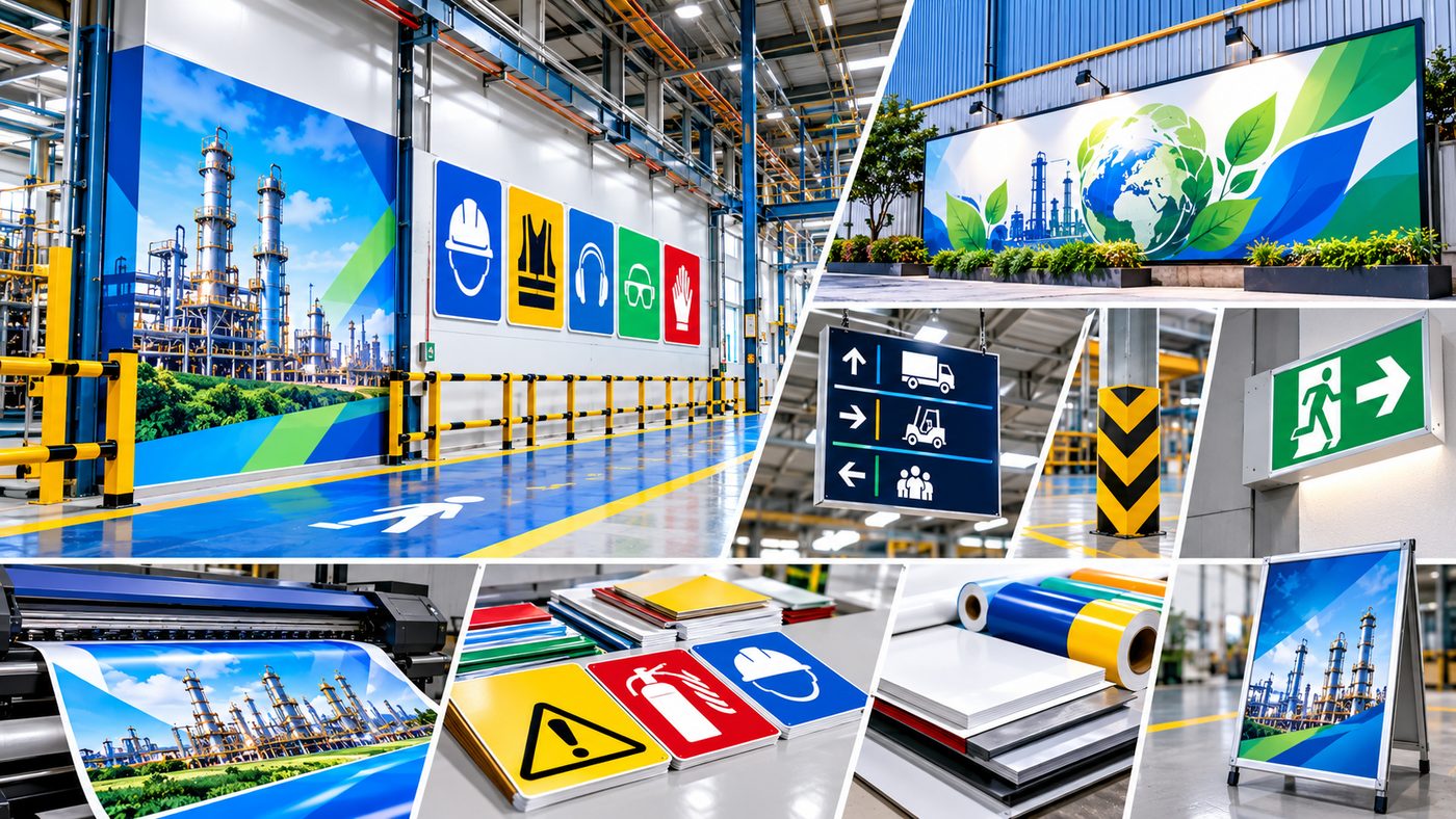 Factory machine area with industrial safety and emergency signs